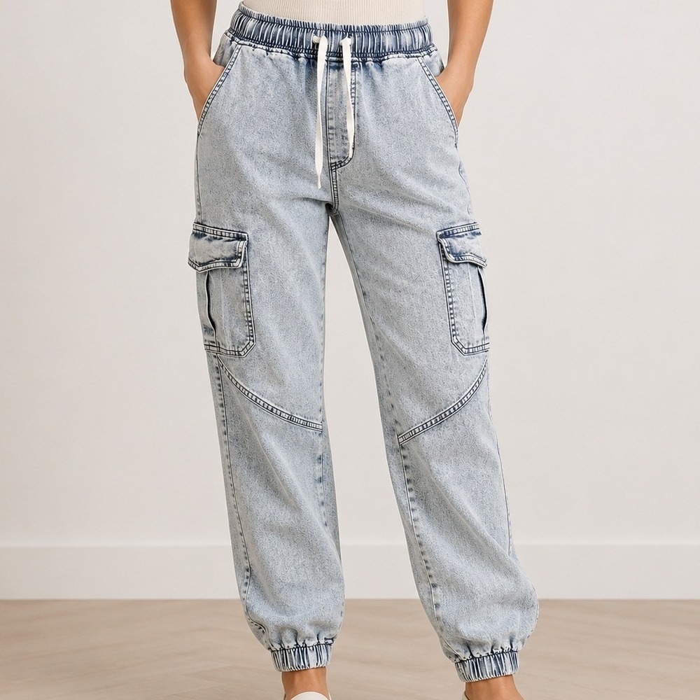 Womens Light Wash Denim Cargo Joggers‎ Elastic Waist Drawstring Pants Small